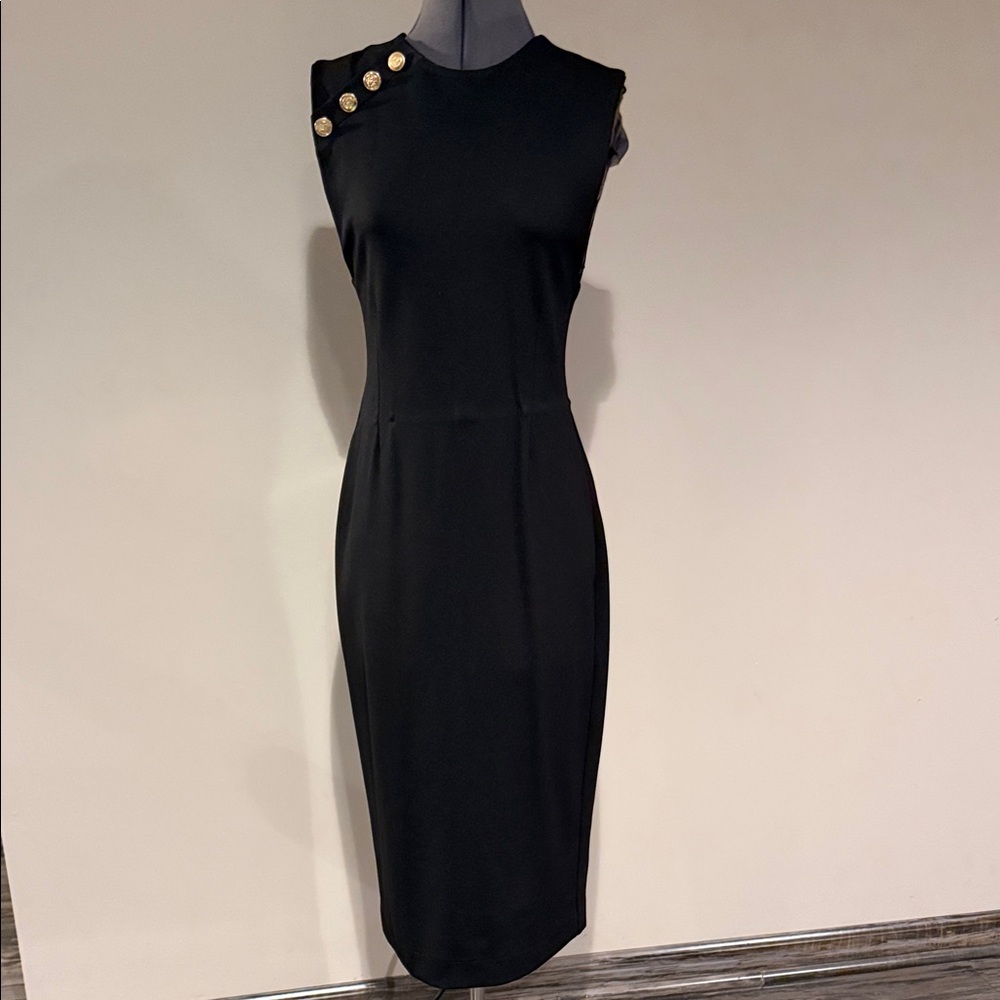 Zara Black Sleeveless Midi Dress with Gold Buttons